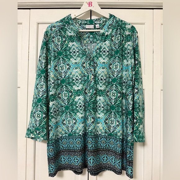 Kim Rogers 3/4 Sleeves Stretch Green Abstract Blouse Size Large Casual Office - Picture 1 of 8